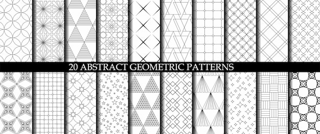 Set of 20 abstract geometric pattern with triangle lines and stripes on white background