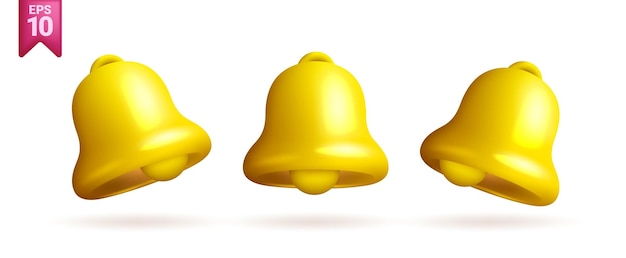 set of 3d realistic isolated bell on white background 3d render yellow gold notification bell icons
