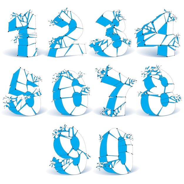 Set of 3d vector digital wireframe blue numbers from 0 to 9 broken into different particles, geometric polygonal numeration with lines mesh. Low poly shattered typescript, lattice elements.