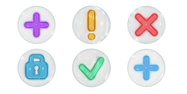set of 3d vector render icons checkmark cross sign lock and exclamation mark