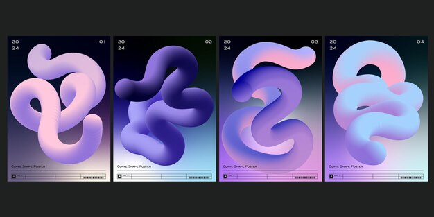 Set of 4 curve shape posters Dark theme trendy posters