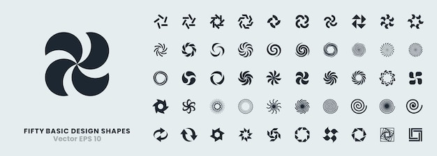 Set of 50 vector icons with spirals swirls vortexes and twists in circular and round shapes Abstract symbols of motion rotation cycle loop and fluid design for logos bold graphic elements