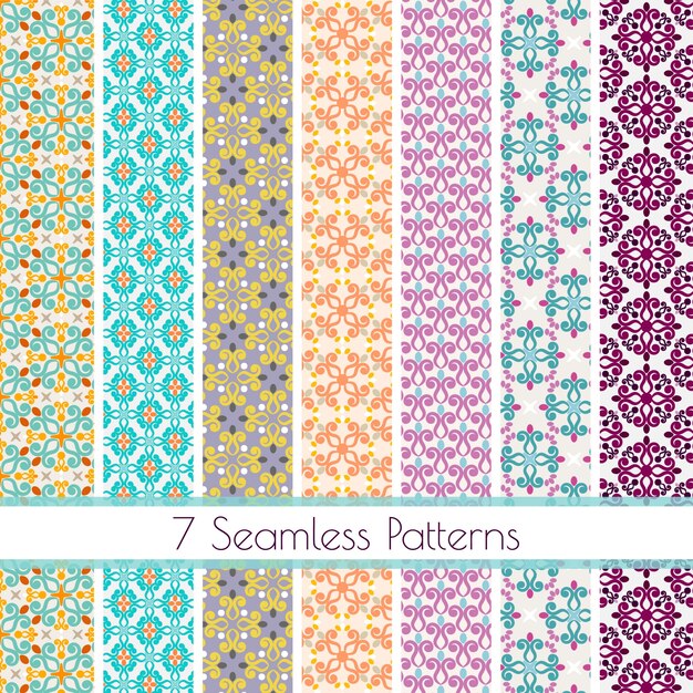 Set of 7 colorful vector seamless patterns.