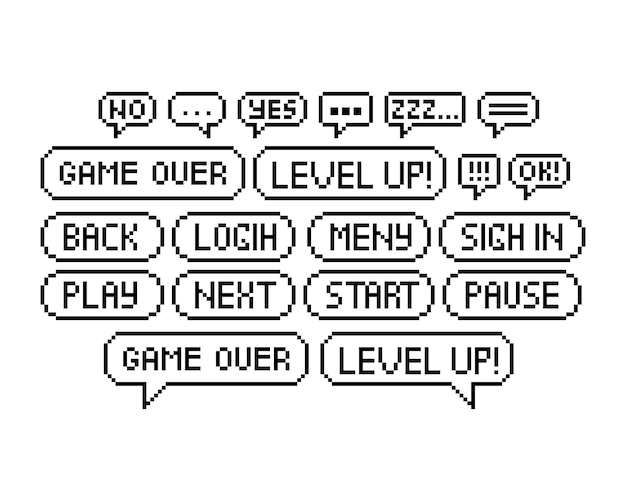 Set of 8bit pixel graphics icons Isolated vector illustration Game art black and white image