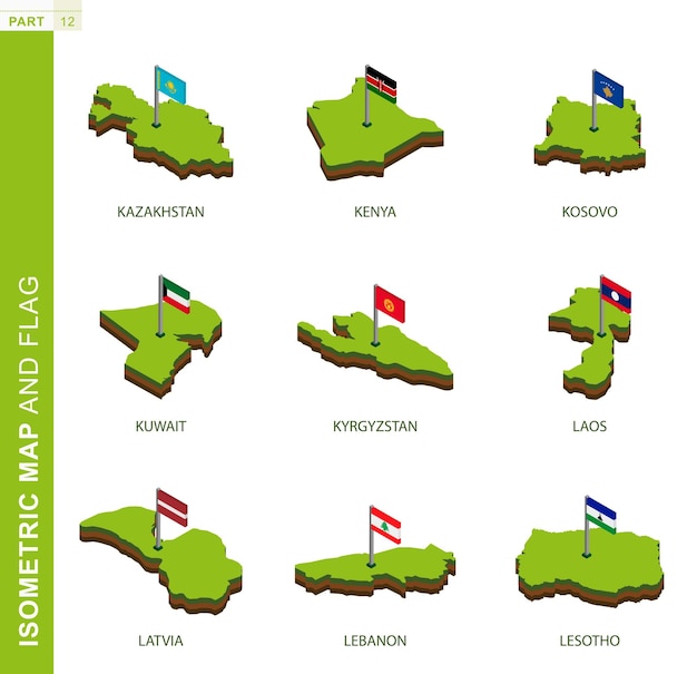 set of 9 isometric map and flag 3d vector isometric shape