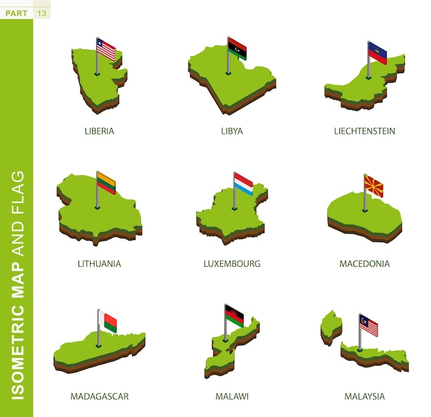 set of 9 isometric map and flag 3d vector isometric shape