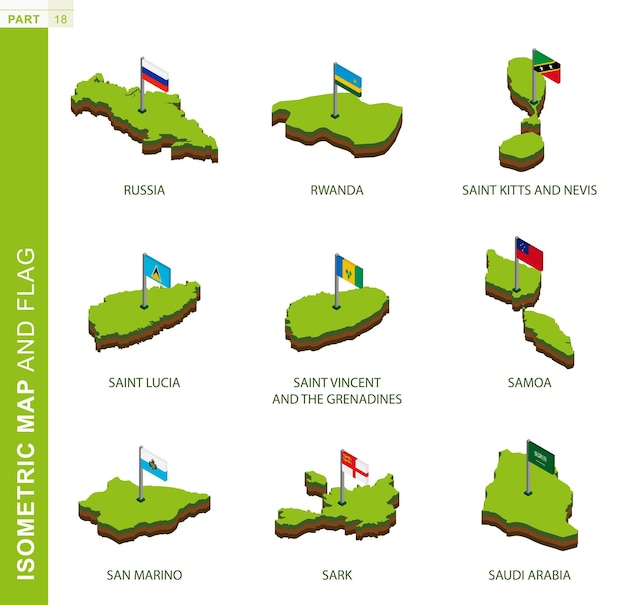 set of 9 isometric map and flag 3d vector isometric shape
