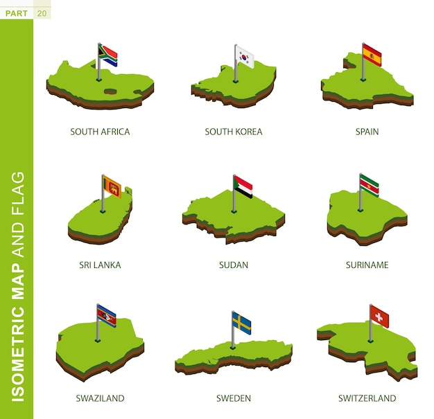set of 9 isometric map and flag 3d vector isometric shape