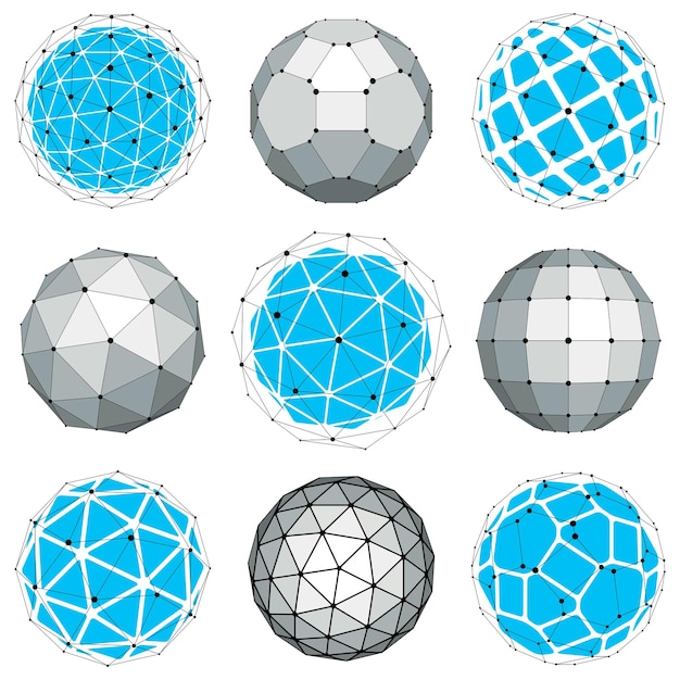 set of abstract 3d faceted figures with connected lines. vector low poly design elements collection, scientific concept. cybernetic orb shapes with grid and lines mesh, network structure.