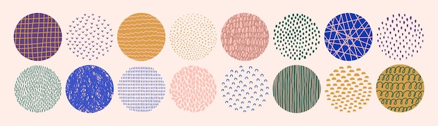 Set of abstract circle textures in a contemporary style of dots drops strokes arcs ticks vector