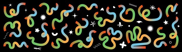 Set of abstract liquid doodle elements in neon colors Minimalist curved gradient ribbons for creating modern designs