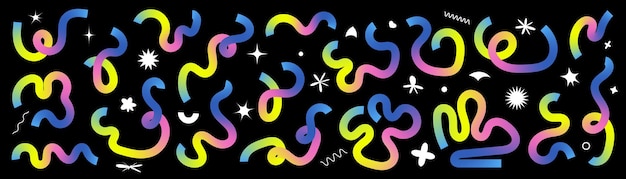 Set of abstract liquid doodle elements in neon colors Minimalist curved gradient ribbons