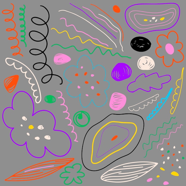 Set of abstract vector colors of waves squiggles and seeds drawn in doodle style