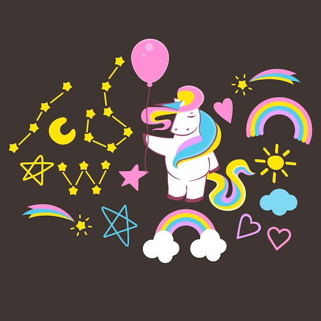Set of beautiful unicorn elements on dark background, vector eps 10 format