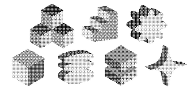 set of bitmap pixelated volumetric geometric figures retro halftone colorful shapes colorful geometric block flat y2k
