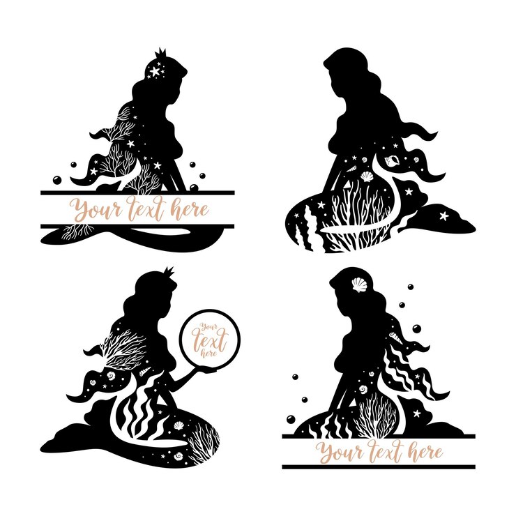 Vektor set of black mermaids. silhouette collection.