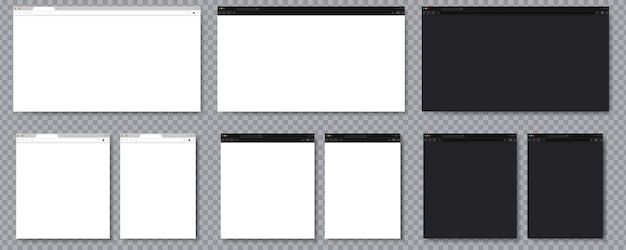 Set of browser window mockups with light and dark themes on transparent background Perfect for website design presentations and user interface previews Browser window mockup Web design template