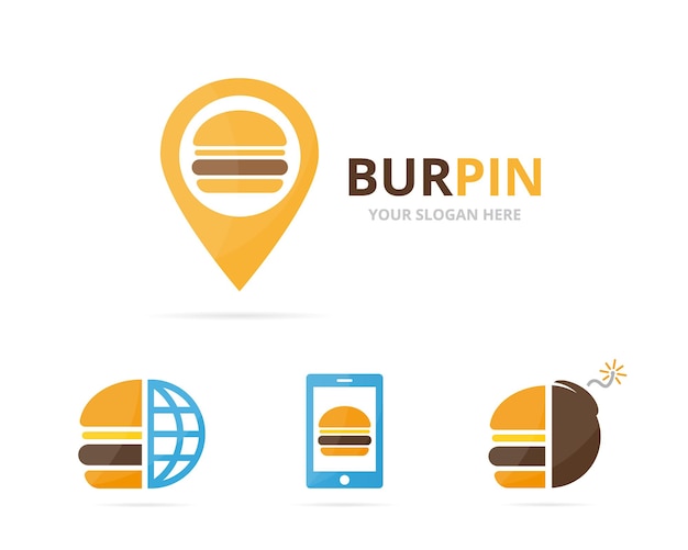 Set of burger logo combination Hamburger and gps locator symbol or icon Unique fastfood and pin logotype design template