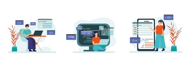 Set of cartoon characters of people working as developers