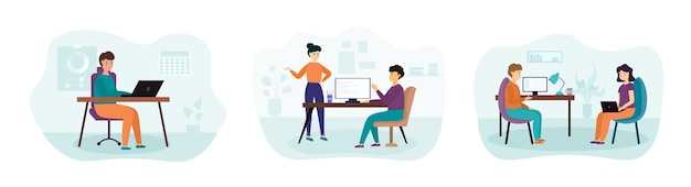 Set of cartoon characters working as programmers in office