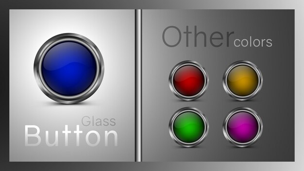 Set of colored glass buttons blue, green, yellow, red, pink color.