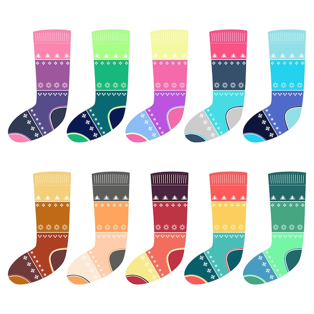 Set of colorful bright socks for Christmas gifts with ornament pattern