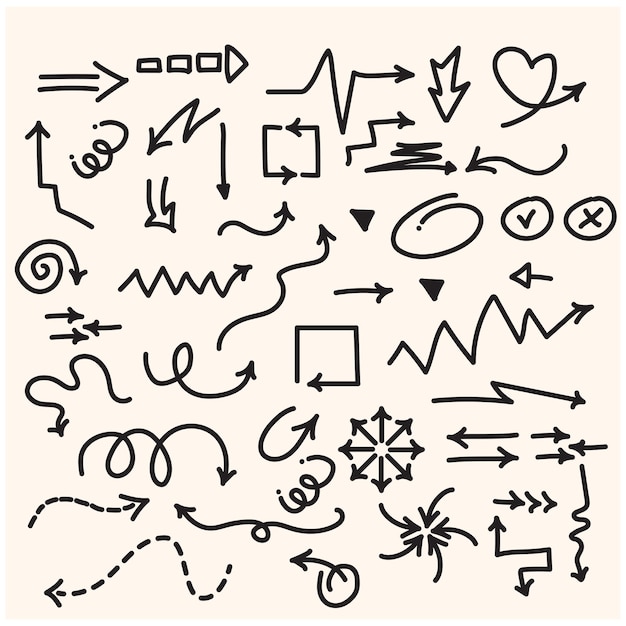 Set of cute pen line doodle element vector Hand drawn doodle style collection of heart arrows scr