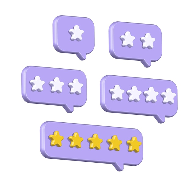 Set of d render style speech bubbles with rating stars plastic icons of rank feedback and opinion su
