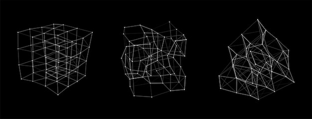 set of deformed wireframe cube from different sides vector abstract geometric 3d objects
