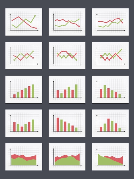 set of different graphs and charts green and red colors vector eps10 illustration