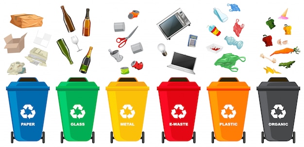 set of different trash bin