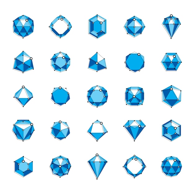 set of faceted gemstone illustrations. collection of abstract vector low poly objects with lines and dots connected can be used as corporate identity abstract logos.