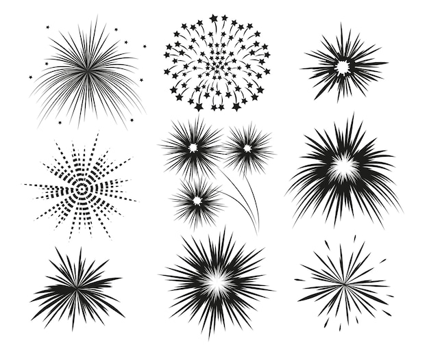 set of firework icons fireworks with stars and sparks isolated on white background design templat