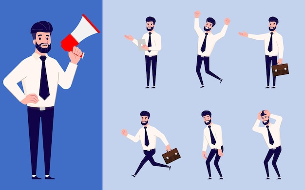 set of flat design businessman in many gesture isolated on white background business people in different pose in workplace character with separate body part for easy to animate in animation program