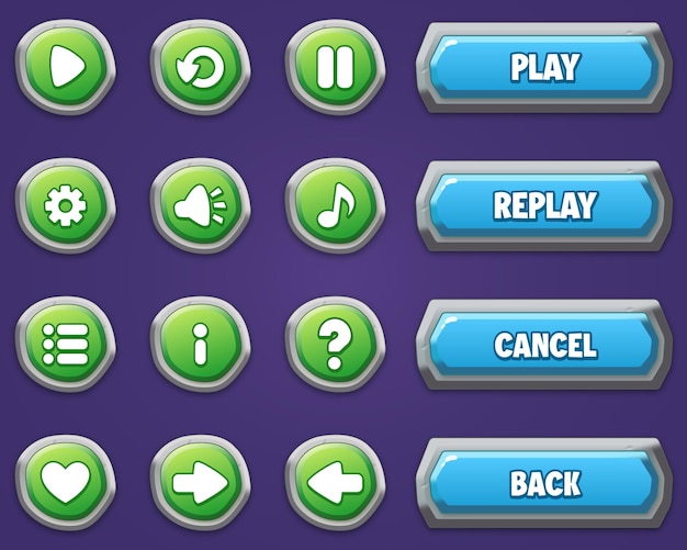 set of game buttons with editable text effect and icons in stone style. gui design to build games.