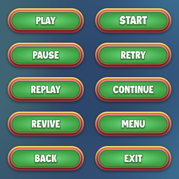Set of green buttons with editable text effect for mobile games game interface ui buttons set