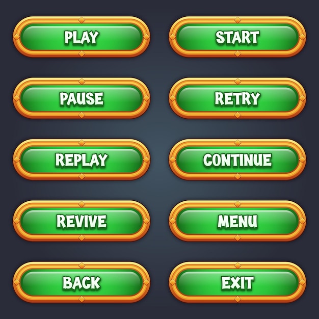 set of green game buttons for mobile games with editable text effect gui to build 2d games