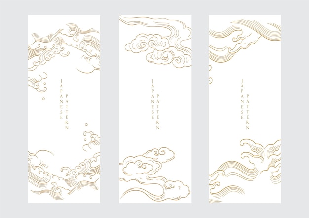 set of hand drawn cloud with japanese pattern vector oriental decoration with template design flyer or presentation in vintage style