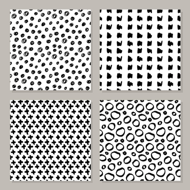 Set of hand-drawn seamless black and white patterns.