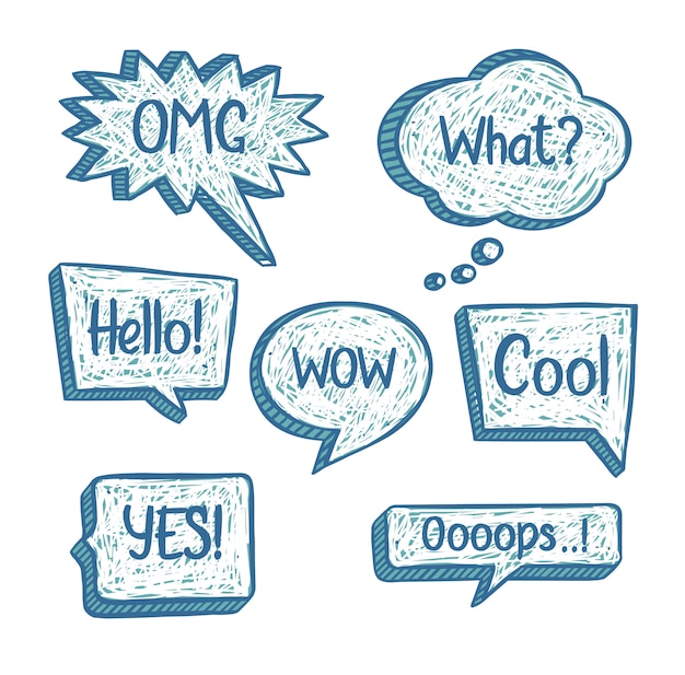 Set of hand drawn speech bubbles in doodle style with short phrases and scribble texture. Talk clouds collection in sketchy style