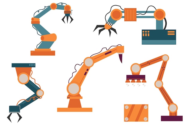 set of industrial robots manipulators robotized arm modern industry robotically technology conveyor