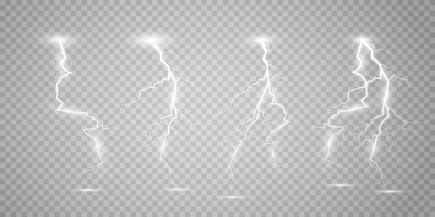 Set of lightning magical and bright light effect Thunderstorm with lightning and clouds Vector illustration Discharge electrical current Charge current natural phenomena