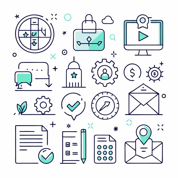 Set of line icons related to business management and digital marketing