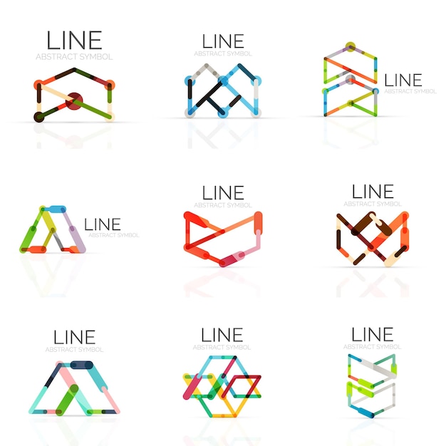 Set of linear abstract logos connected multicolored segments lines in geometrical figures