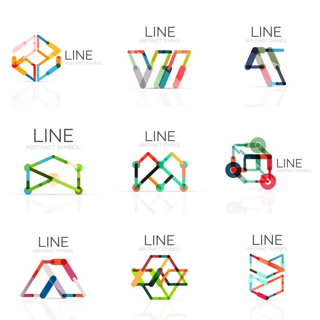 Set of linear abstract logos connected multicolored segments lines in geometrical figures