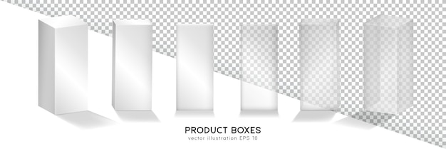 Set of matte white and glossy transparent product boxes. 3D realistic mockup of six packages