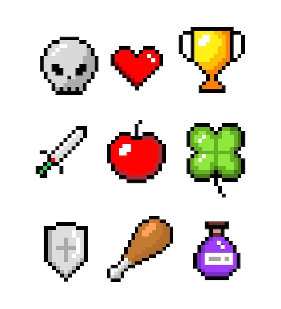 set of minimalistic pixel art vector objects isolated. sword, coin, potion, heart.