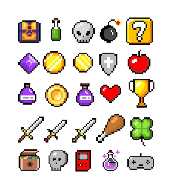 set of minimalistic pixel art vector objects isolated. sword, coin, potion, heart.