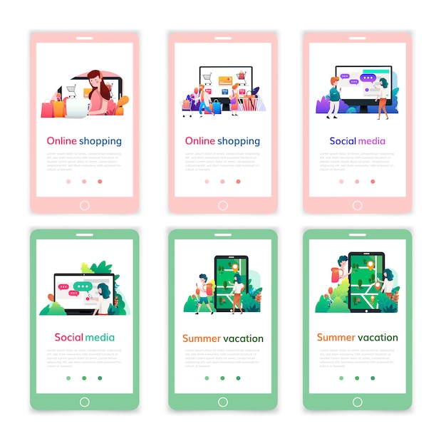 set of mobile page design templates for online shopping, digital marketing, social media, summer vacation. modern vector illustration concepts for mobile website development.