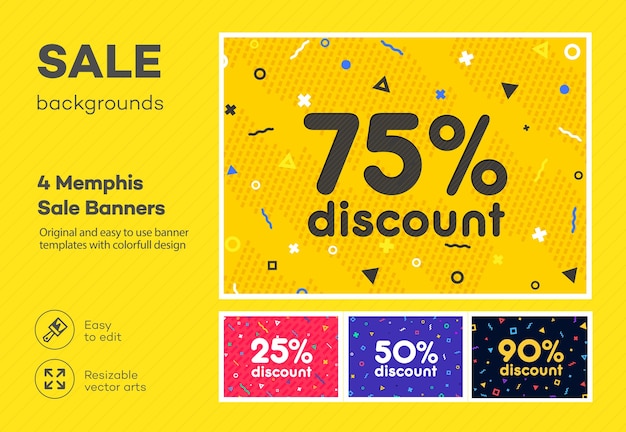 Set of modern colorful banner template in the Memphis style. Big Sale. Special offer discount.